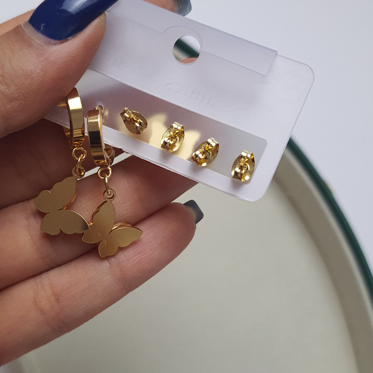 پک گوشواره سه جفتی حلقه ای آویزدار و گل گوش طرح پروانه برند استینلس استیل
